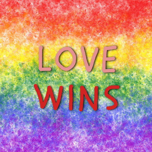 Digitally generated sign with tag love wins on lgbt rainbow colored background