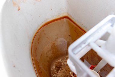 Kirli hijyenik paslı ve kireçli pas lekeleri ve yakın tuvalet kirli hijyenik paslı ve kireçlenmiş floş tankı temizlenmesi ve telafi edilmesi gerekir