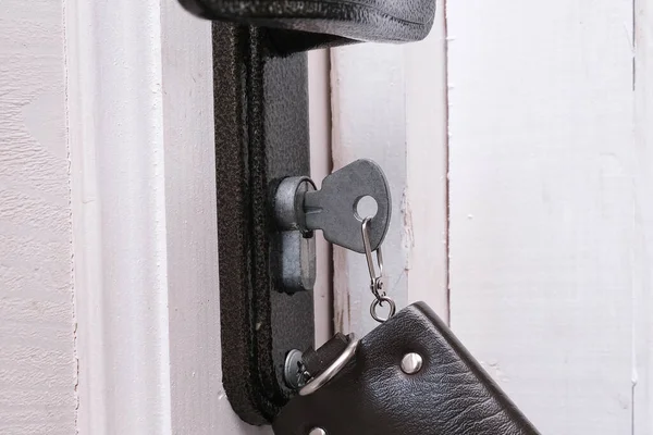 Bunch Keys Leather Key Case Inserted Keyhole Order Open Lock — Stock Photo, Image