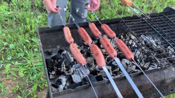 Osoba grillująca hot dogi w ogniu, obracająca szaszłyki, letni grill na świeżym powietrzu — Wideo stockowe