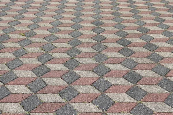 Urban Walkway Made Red Yellow Rhombus Grey Bricks Paving Slabs — Stock Photo, Image