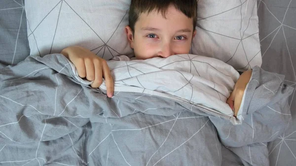 Retrato Niño Asustado Cama Saliendo Debajo Cubierta Cubriéndose Cara Con — Foto de Stock