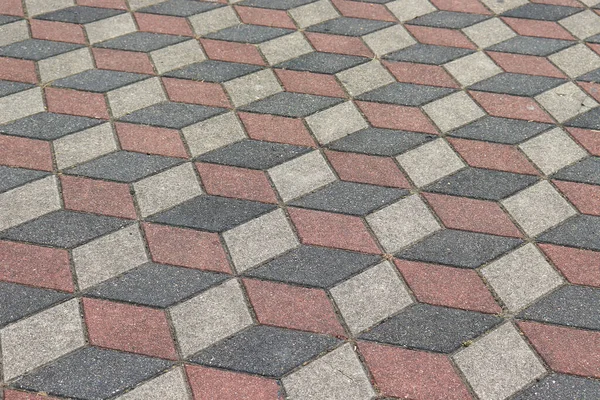 Urban Walkway Made Red Yellow Rhombus Grey Bricks Paving Slabs — Stock Photo, Image