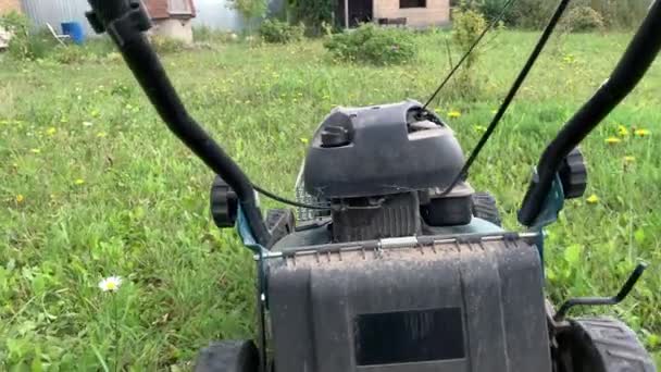 Bir Çim Biçme Makinesi Yeşil Bir Çim Tarlası Boyunca Sürüyor — Stok video