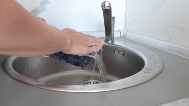 Mujer lavando arándanos dulces maduros en un fregadero de cocina bajo chorro de agua, limpiando frutas jugosas frescas en recipientes de plástico de bacterias y suciedad — Vídeos de Stock