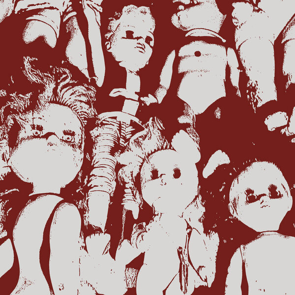 Fairy, spooky, frightening background for halloween consisting of many abandoned dolls in bloody red colors.