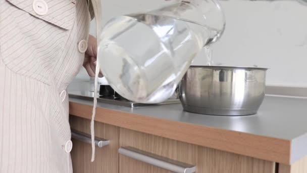 En kvinna häller renat färskt dricksvatten i en metallgryta från en kanna, kanna i köket och lägger det på en spis för att koka det. — Stockvideo