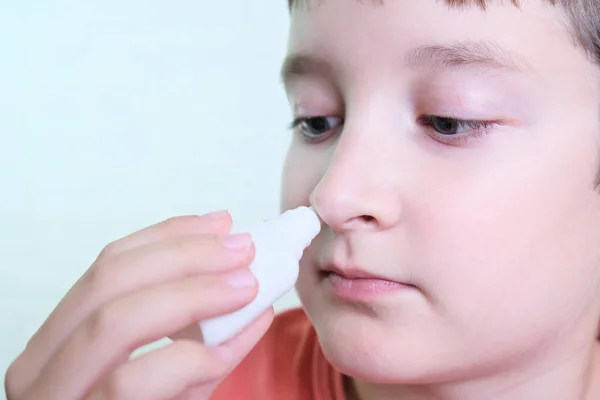 Boy Runny Nose Holds Medicine Her Hand Nasal Spray Irrigations — Stock Photo, Image