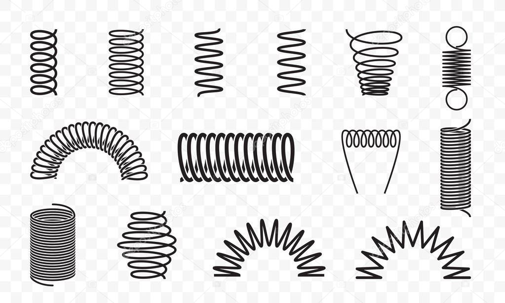 Spiral springs different shapes and types vector icons of swirl line or curved wire cords, shock absorbers or equipment parts on transparent background