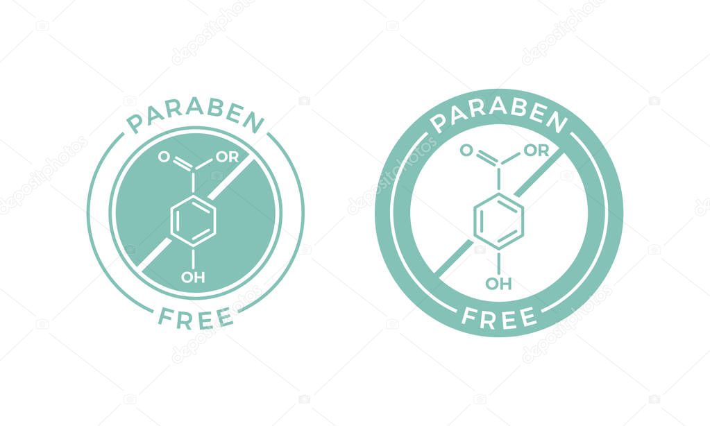 Paraben free label for health and skin safe stamp. Vector paraben chemical formula logo icon for natural skincare cosmetic package design