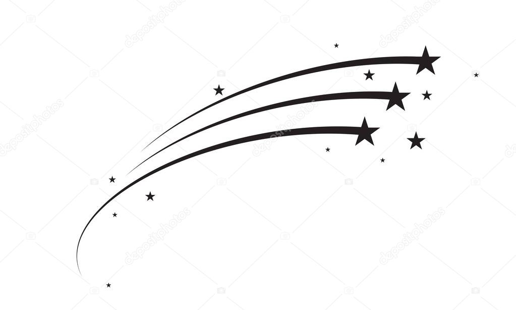 Star trail comet trace black lines on white background. Vector shooting stars or firework icon for Christmas or New Year celebration design