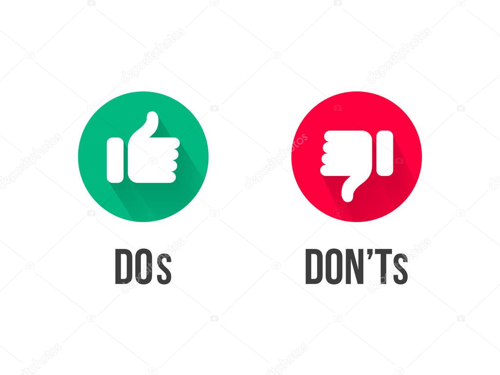 Dos and Donts thumb up and down vector icons. Vector red and green circle symbols for Yes and No and Bad vs Good signs
