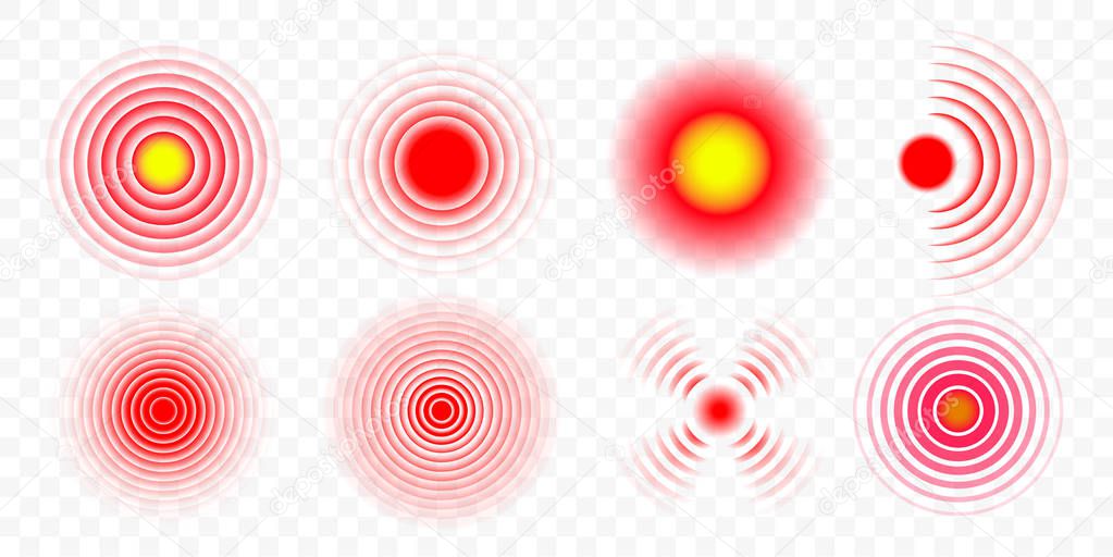 Pain red circle or ache localization icon. Vector isolated pain circle symbols set for painkiller medicine pill package logo design or medical information