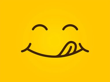 Nefis gülümseme sarı arka plan. Vektör karikatür çizgi ifade yalamak dudaklar, lezzetli lezzetli yemek emoji yüz