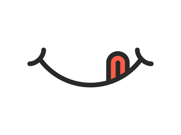 Émoticône de dessin animé vecteur sourire délicieux avec langue lécher la bouche. délicieux savoureux nourriture manger emoji ligne visage sur fond blanc — Image vectorielle