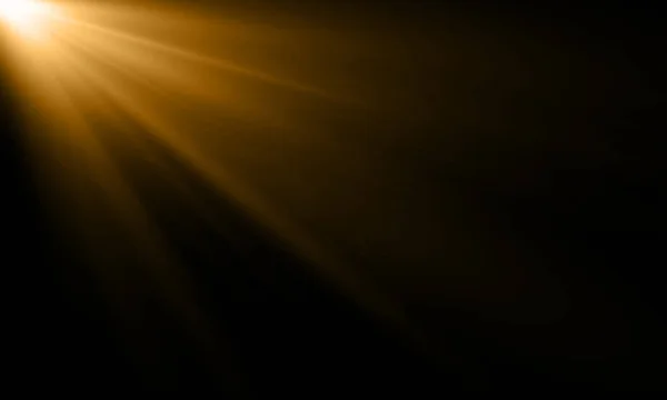 Goldenen Lichtstrahl oder Sonnenstrahl Vektor Hintergrund. abstraktes Gold Licht Flash-Scheinwerfer Hintergrund mit goldenem Sonnenlicht Glanz auf schwarzem Hintergrund — Stockvektor