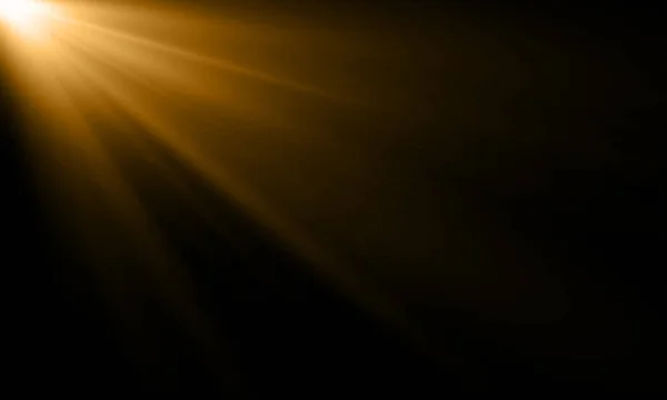 Altın ışık ışını veya güneş ışını vektör arka plan. Altın ışık flaş spot zemin siyah zemin üzerine altın güneş ışığı Parlatıcı ile soyut