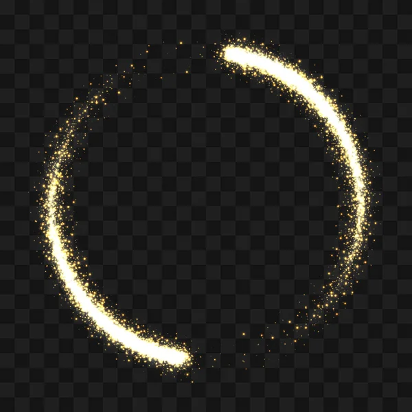 Gold funkelnder Glitzerkreis aus Lichtteilchen wirbelt. Vektor-Kreis aus goldglitzerndem Sternenlicht und Glanzglühen auf transparentem Hintergrund — Stockvektor
