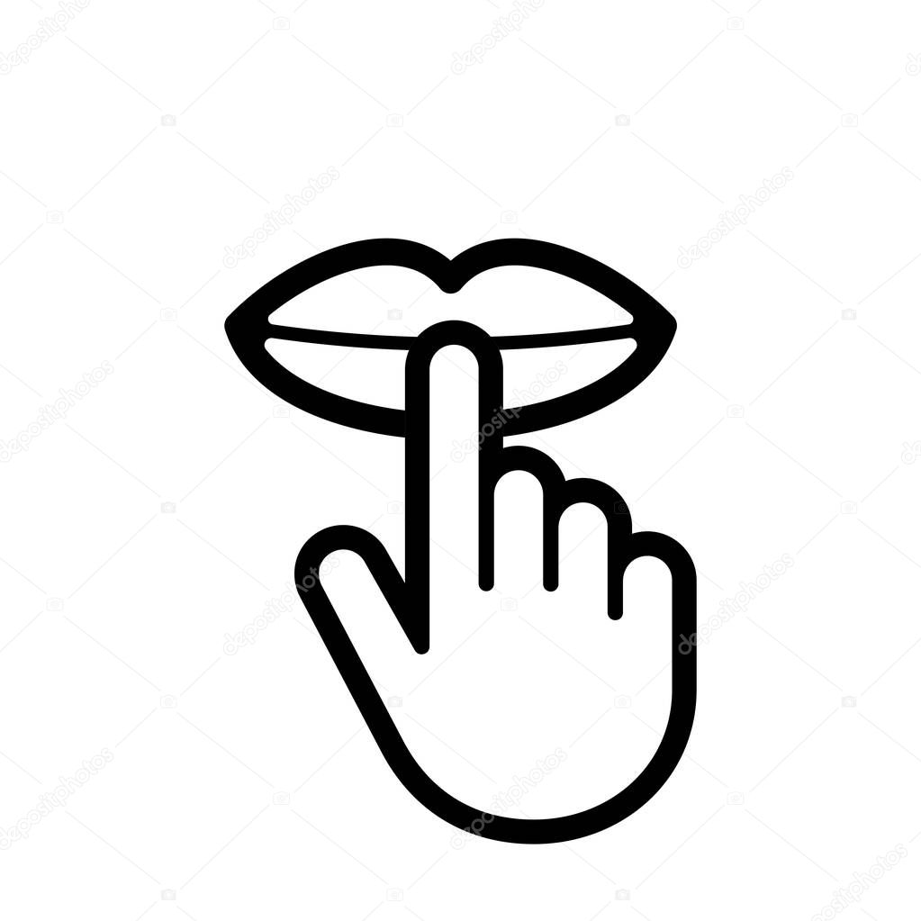 Keep silence and be quiet vector icon. Lip and finger silent sign