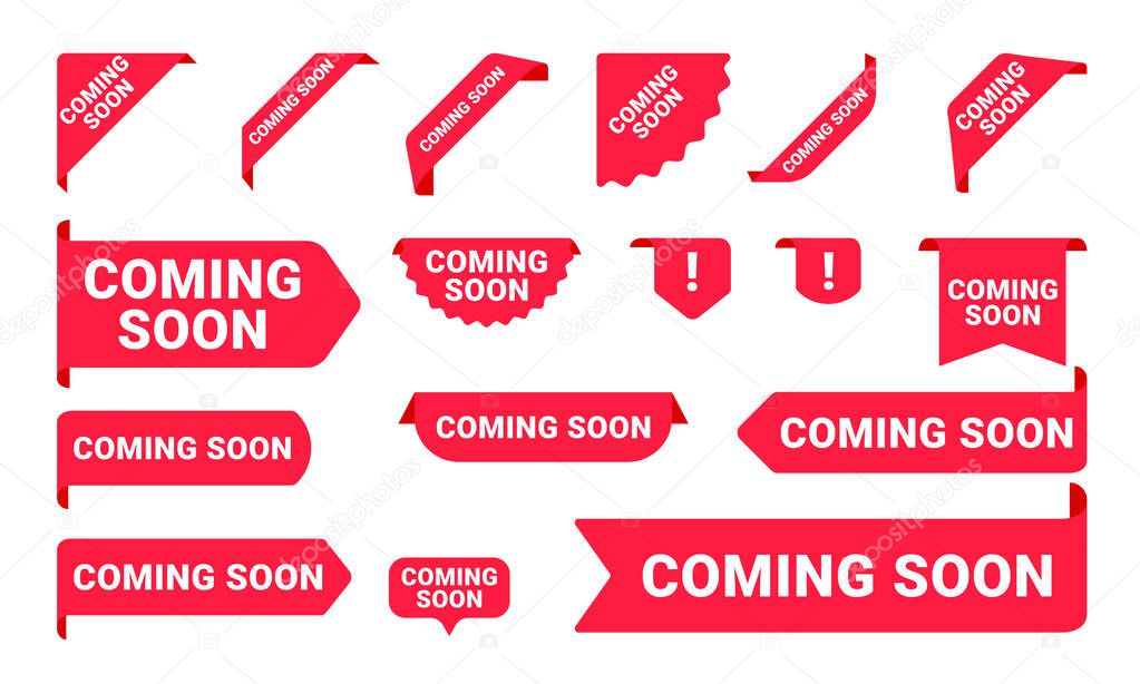 Coming Soon promo banners, stickers and tag labels. Vector isolated red pink shop or store banners and ribbon signs