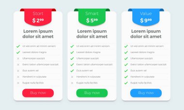Fiyat Tablosu planı vektör web tasarım. Afiş Start, akıllı ve değeri abonelik planı için ürün fiyat planı karşılaştırma seçenekleri