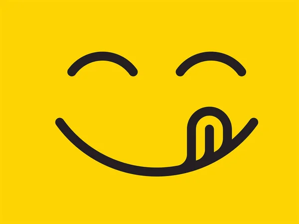 Yummy sourire vecteur bande dessinée émoticône ligne avec langue lécher la bouche. Délicieux savoureux aliments manger visage emoji sur fond de conception jaune — Image vectorielle