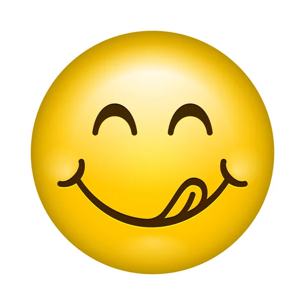Deliciosa sonrisa vector línea de dibujos animados emoticonos lamer labios con la lengua. Delicioso sabroso comer emoji cara icono aislado — Vector de stock