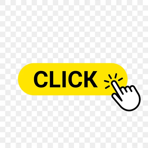 Haga clic en plantilla de botón web. Vector barra amarilla, dedo de la mano haga clic aquí cursor — Archivo Imágenes Vectoriales