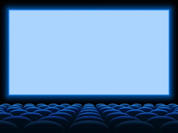 Film bioscoop scherm vector achtergrond sjabloon met lege blauwe stoel stoelen — Stockvector