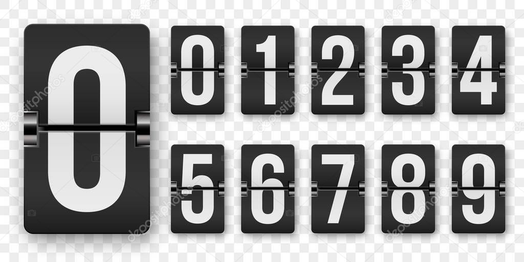 Countdown numbers flip counter vector isolated set. Retro style flip clock or scoreboard mechanical numbers 1 to 0 set white on black