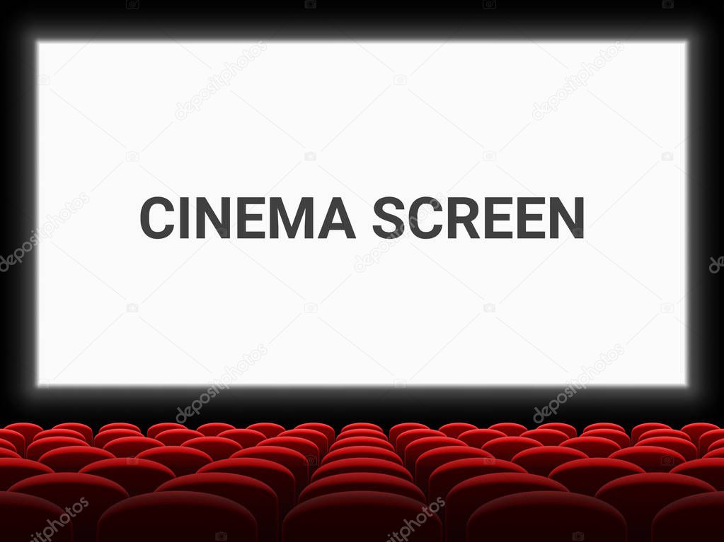 Movie cinema screen and red seat chairs vector background empty template