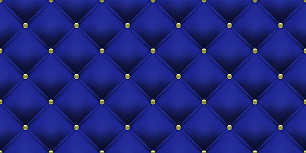 Royal blue background with gold buttons. Vector leather or velvet vintage luxury upholstery with golden buttons seamless pattern background