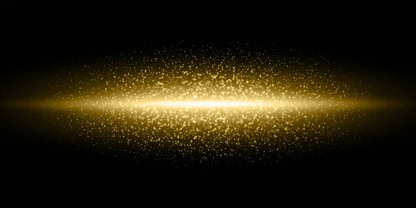 Gold light flash, glitter dust particles burst background, Vector golden shimmer flares glow line, magic glittering sparkles in black galaxy — Stock Vector