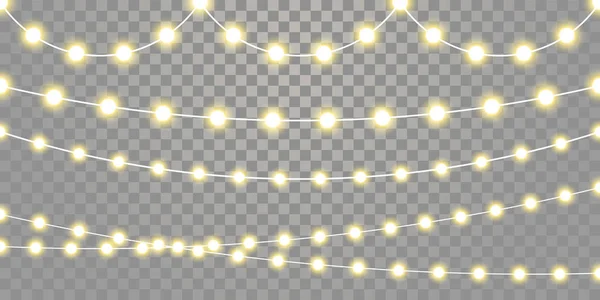 Luces de Navidad lámparas de guirnalda aisladas cadenas establecidas sobre fondo transparente — Vector de stock