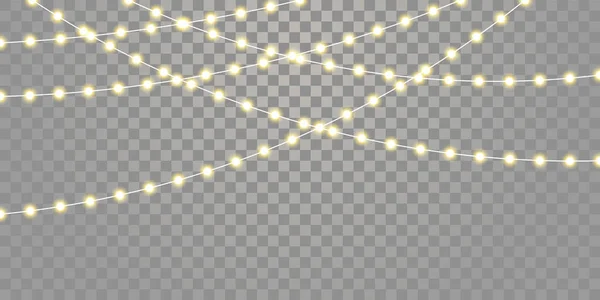 Luzes de Natal vetorial cordas isoladas. Celebração de feriado Natal, aniversário ou luzes da lâmpada do festival no fundo transparente —  Vetores de Stock