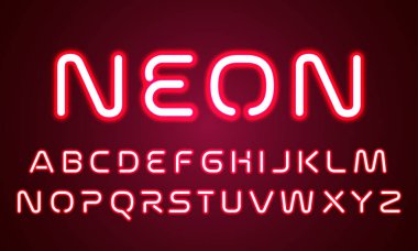 Neon ışık alfabe yazı harfleri. Vektör kırmızı ultraviyole neon kızdırma efekti yazı tipi alfabe, kırmızı ışık tüp lamba led
