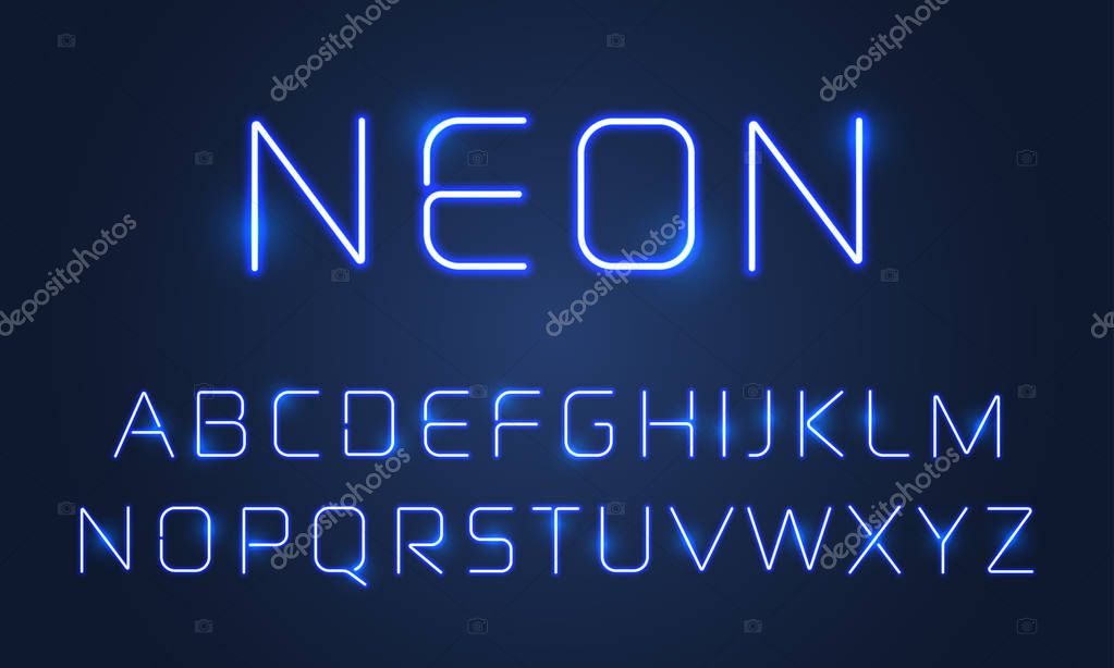 Neon light font alphabet letters set. Vector blue ultraviolet neon alphabet font with light tube lamps effect