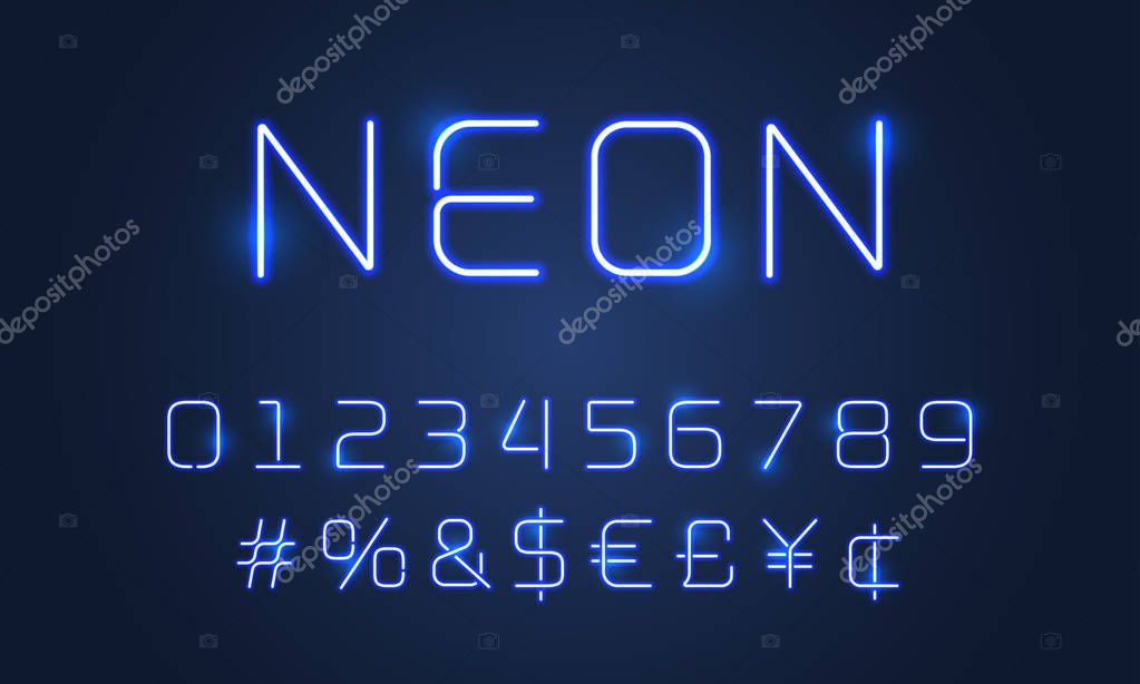 Neon light font alphabet numbers and special symbols. Vector blue neon tubes glow alphabet font with hashtag sign