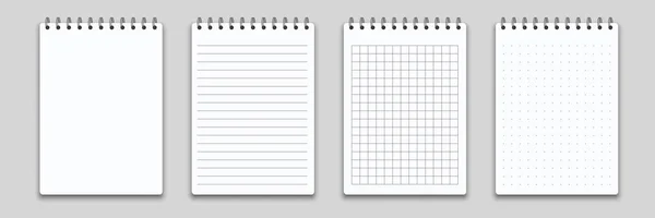 Buku catatan atau catatan memo dengan binder. Landasan catatan vektor atau buku harian dengan templat halaman kertas bergaris dan persegi - Stok Vektor