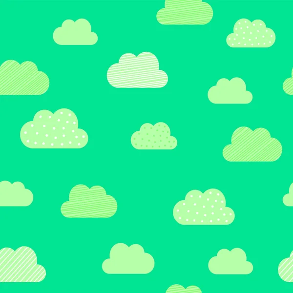 Wolken Cartoon-Muster Hintergrund. Vektor-Kind-Geburtstagsgrußkarte, Wolkenmuster auf grünem Hintergrund — Stockvektor
