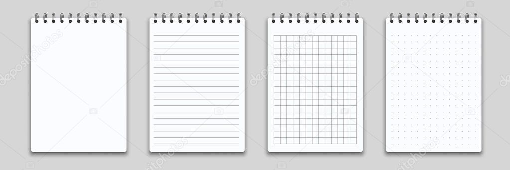 Notebook or memo notepad with binder. Vector note pad or diary with lined and squared paper page template