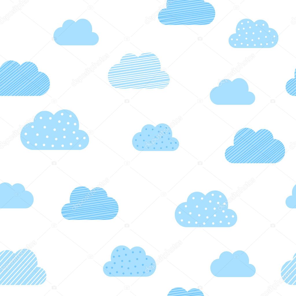 Baby boy blue clouds pattern background. Vector baby shower and birthday greeting card cloud seamless pattern background