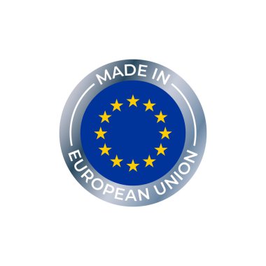 Made in Eu etiketi, Avrupa kalite etiketi. Vektör gümüş daire ve Avrupa Birliği yıldız bayrak simgesi