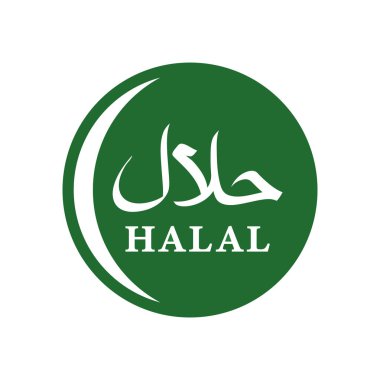 Helal gıda etiketi, Müslüman hallal ürünleri Arap alfabesi ile onaylı işareti. Vektör helal restoran menü yeşil yuvarlak simgesi