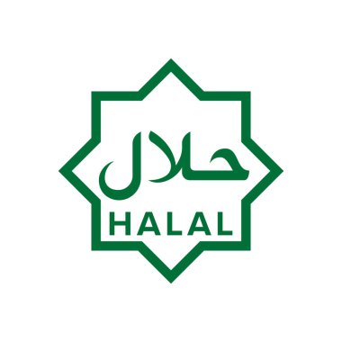 Helal gıda etiketi damgası. Vektör Müslüman helal restoran menüsü ve hallal ürünleri sertifika yıldız ve Arap script simgesi