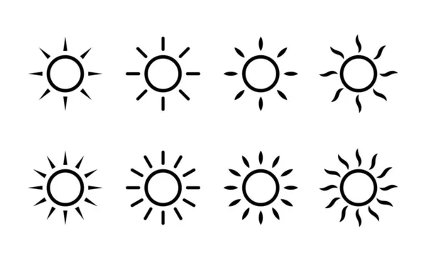 Zon vector zonneschijn iconen. Eenvoudig zonneteken met stralen of zonnestralen — Stockvector