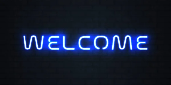 Bienvenue néon enseigne lumineuse. Signalisation de bienvenue vectorielle néon bleu brillant — Image vectorielle