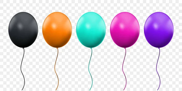 Balon 3d vektör gerçekçi şeffaf arka plan üzerinde izole. Doğum günü partisi turuncu, pembe, yeşil ve mor ballons konuları, siyah kutlama balonu — Stok Vektör