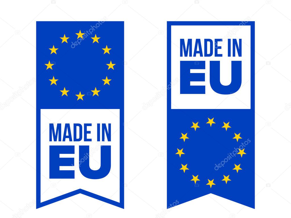 Made in EU quality certificate label with Europe flag stars. Vector made in European Union product premium standard warranty