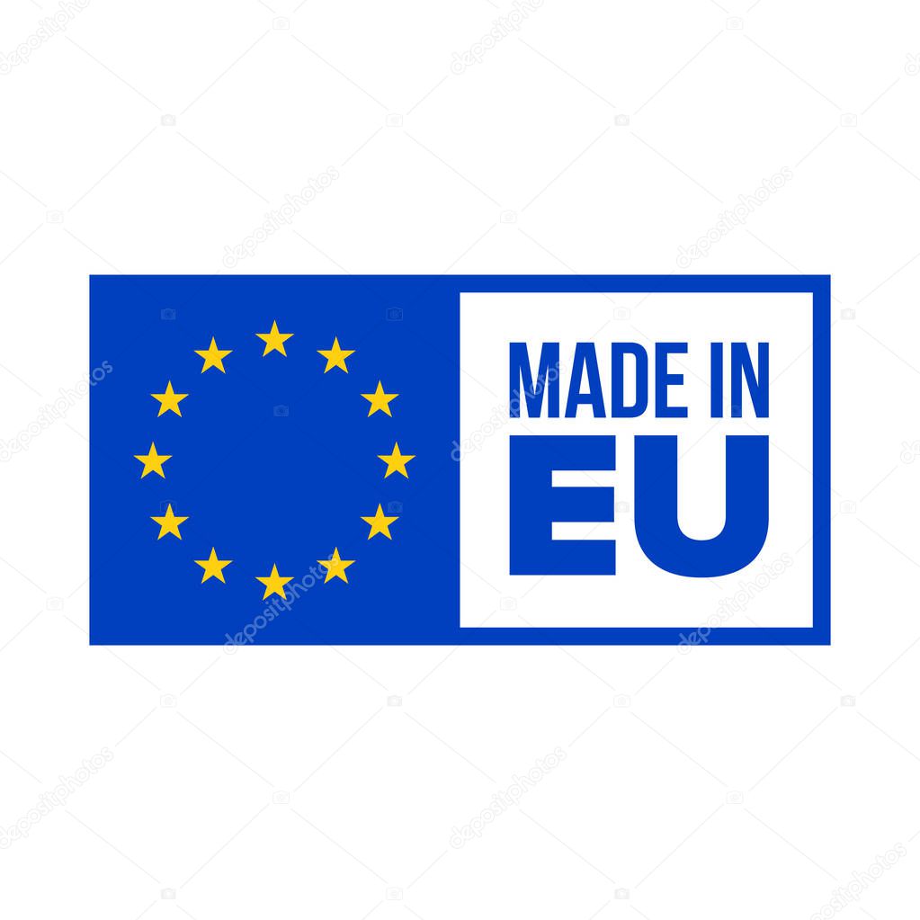 Made in EU quality certificate label. Vector made in EU product warranty stars blue flag in frame